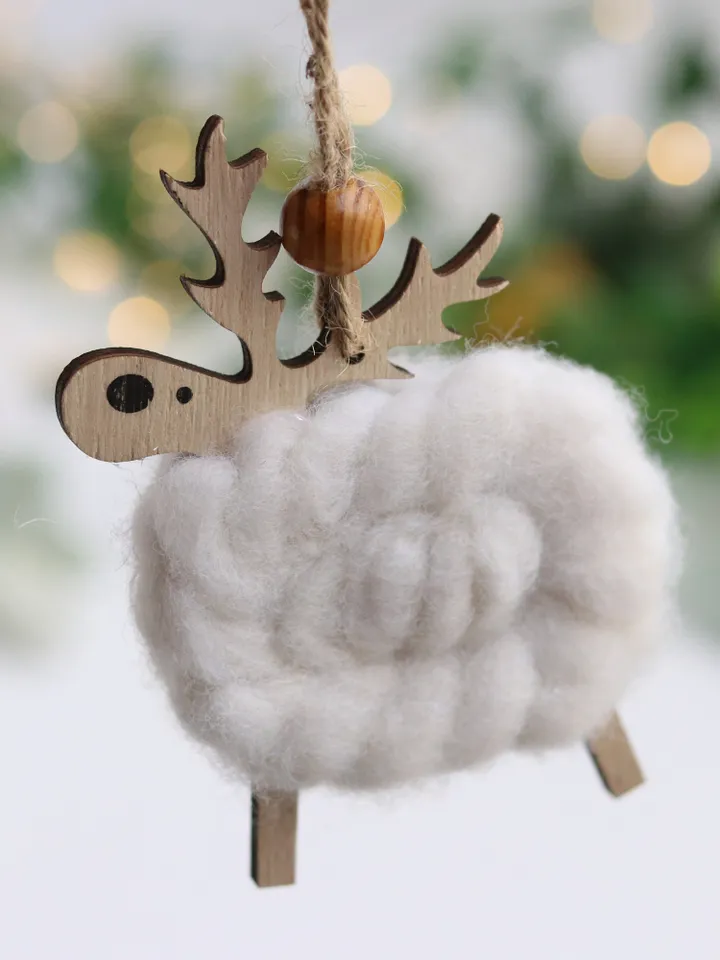 Christmas reindeer ornament wood/wool decor Winter Festive hanging deer decoration