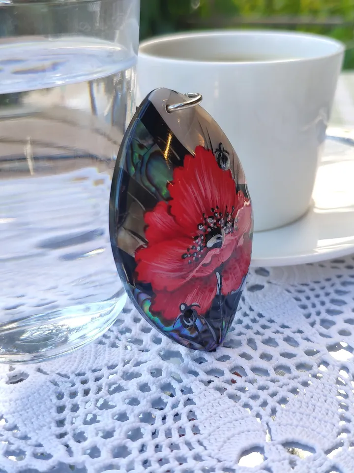 Pearl pendant necklace: Big red poppy flower on handmade necklace • Hand painted statement jewelry for dress • unique trendy floral necklace
