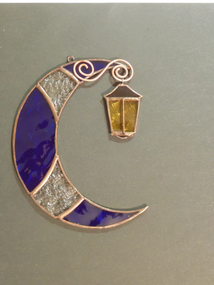 Moon with Street Light . Stained glass window hanging Suncatcher , idea for anniversary , birthday and Christmas gift