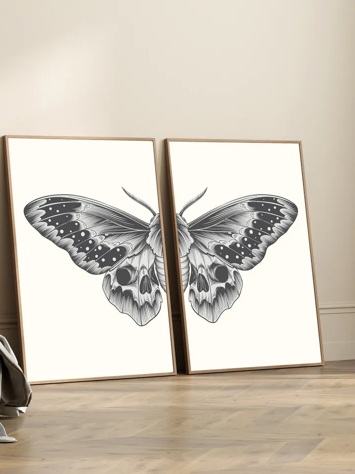 Black Sketch Butterfly Printable Wall Art Set of 2, Butterfly Print Digital Download, Split Butterfly Wings Art Print, Bedroom Wall Art