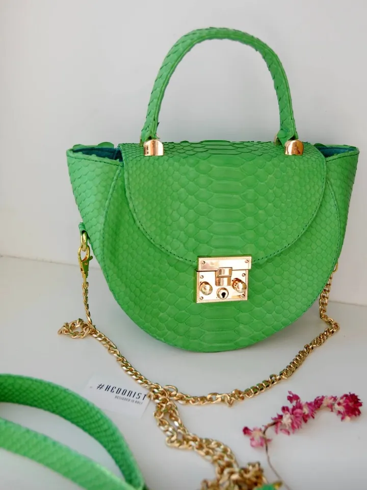 Genuine Python Skin Crosshandle Elegant Green Bag | Exotic Leather Bags | Designer Bags | Handmade Chain Crossbody Handle Women Classy Purse