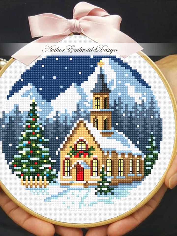 Christmas church cross stitch pattern PDF download Winter landscape cross stitch chart Christmas pattern digital PDF Christmas village #N179