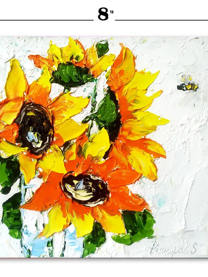 Sunflowers Painting Honeybee Original Art Flowers Impasto Oil Painting Floral Wall Art Flowers Wall Art 8x8