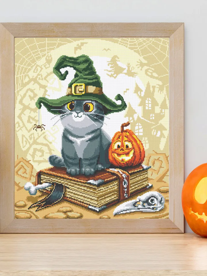 Halloween witch cat cross stitch pattern PDF download Cute cat in the hat cross stitch chart, Halloween pattern digital PDF, Witch hat #H25