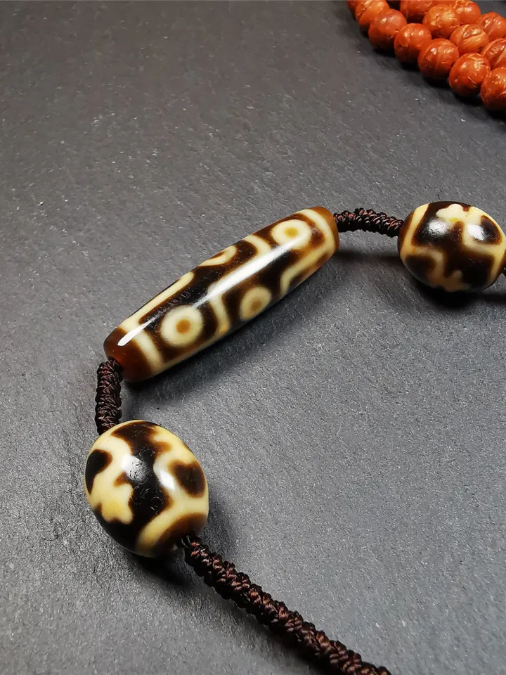 Gandhanra Antique Tibetan Dzi Necklace,9 Eyes Dzi + 2 Wave Darlo Dzi Beads Amulet, 40 Years Old,Protective Charm