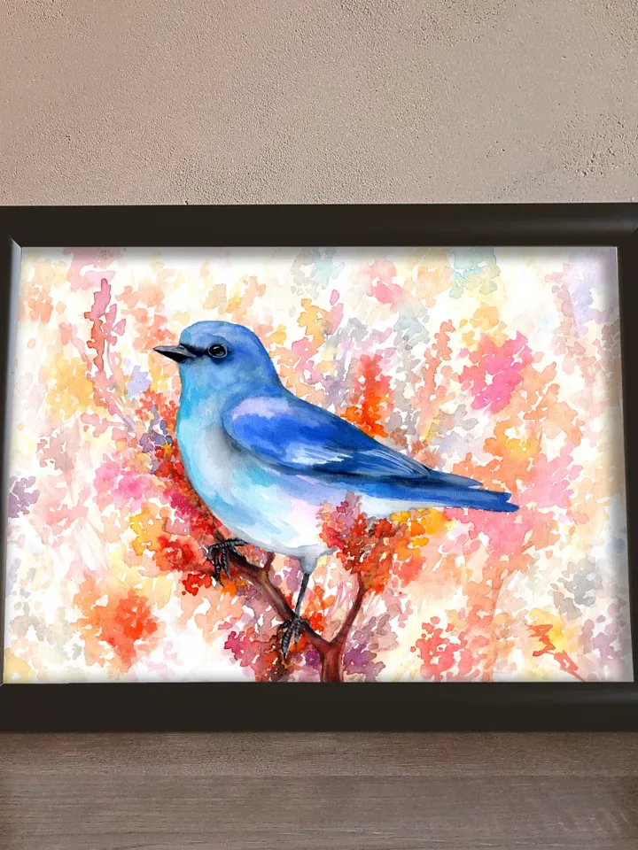 The Indigo Oatmeal Cardinal original watercolor, bird on the branch painting, blue bird portrait room decor, 8x11 in wall art for bird lovers handmade by Anne Gorywine