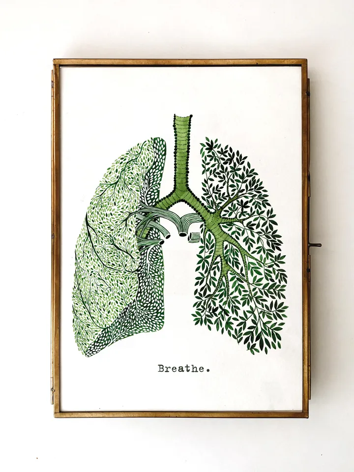 Watercolor print "BREATHE", green lungs illustration