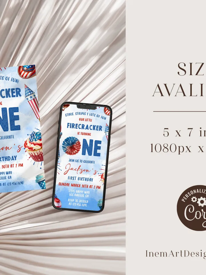Firecracker birthday invitation, Our little firecracker is turning one, 1st birthday boy invite, Editable template Instant download