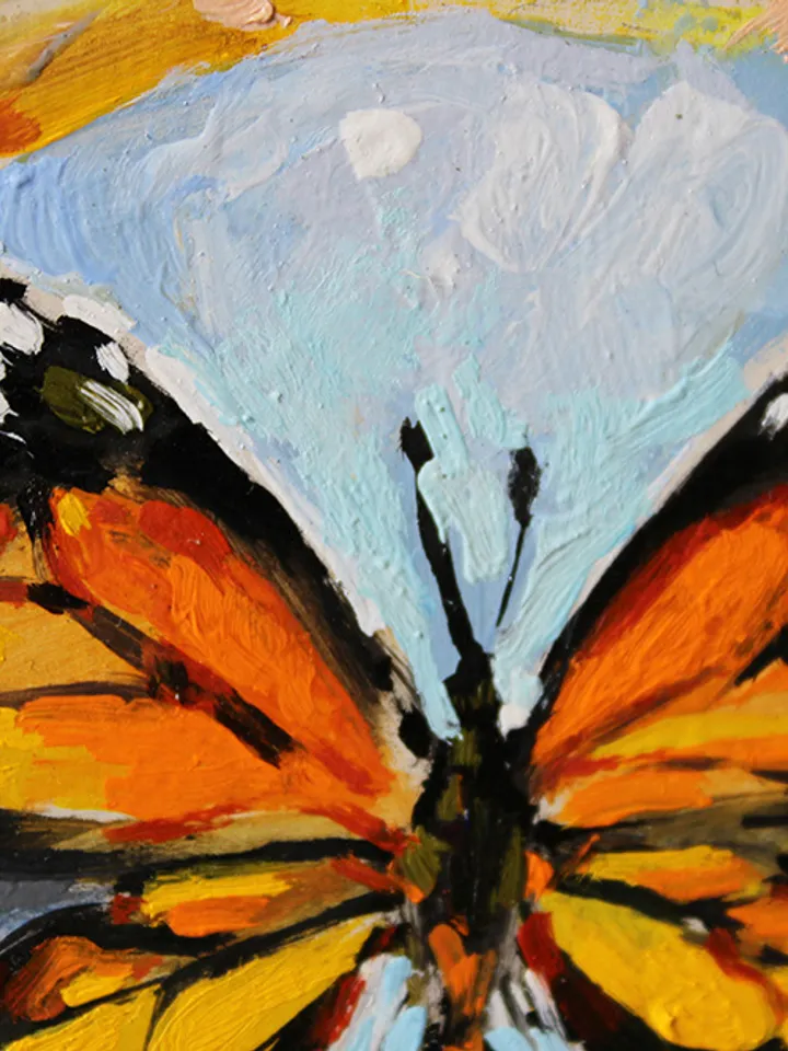 Butterfly medallions painted with oil paints on quartz vinyl, with a loop to hang. 3 pieces.