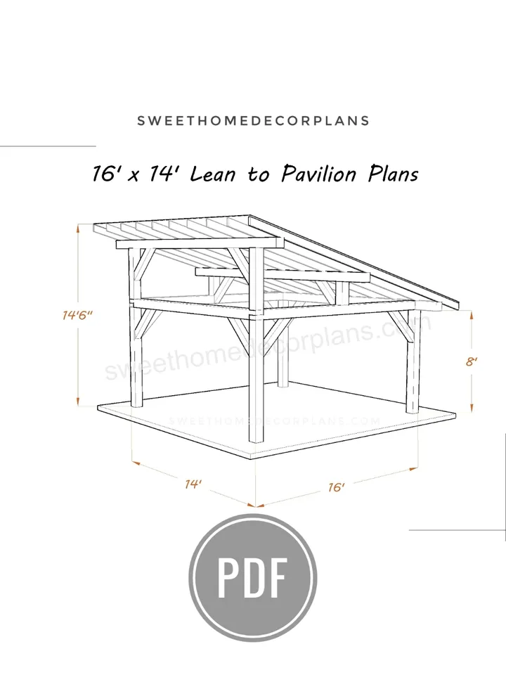 DIY 16 x 14 lean to pavilion plans pdf. Carport plans. Wooden covered gazebo outdoor plans. Timber frame backyard pergola plans.