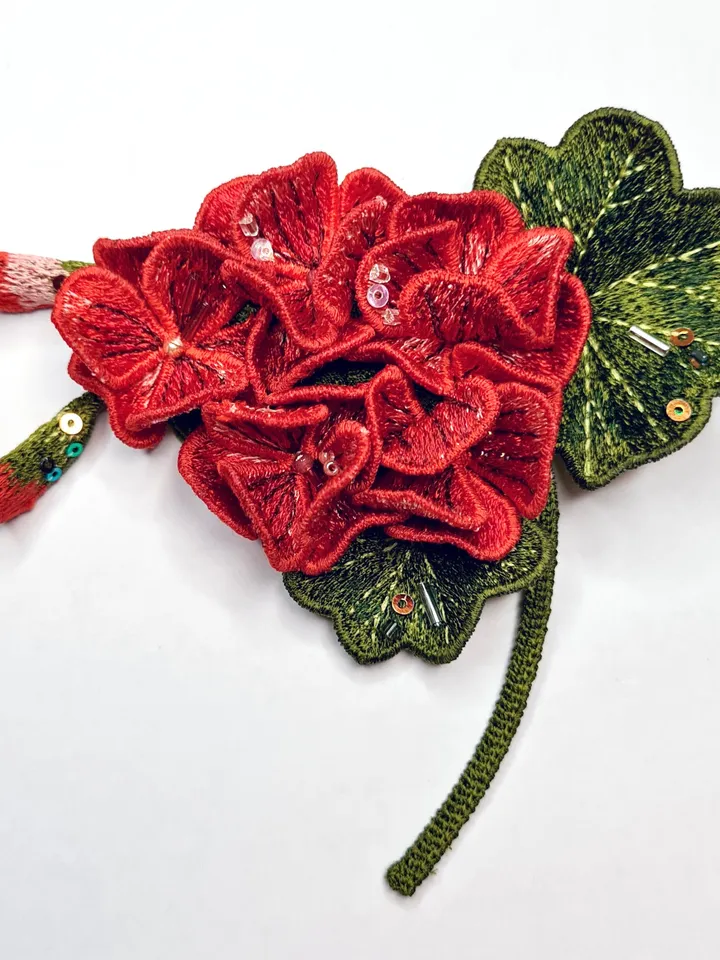 FSL geranium machine embroidery design for brooches and other jewelry, Free standing lace flower embroidery pattern