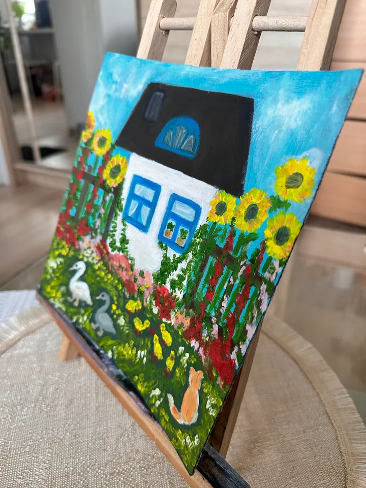 Oil Painting House in the Village Summer Rural Landscape Pets and Birds Cardboard 8x8 inches 20x20 cm Wall Decor