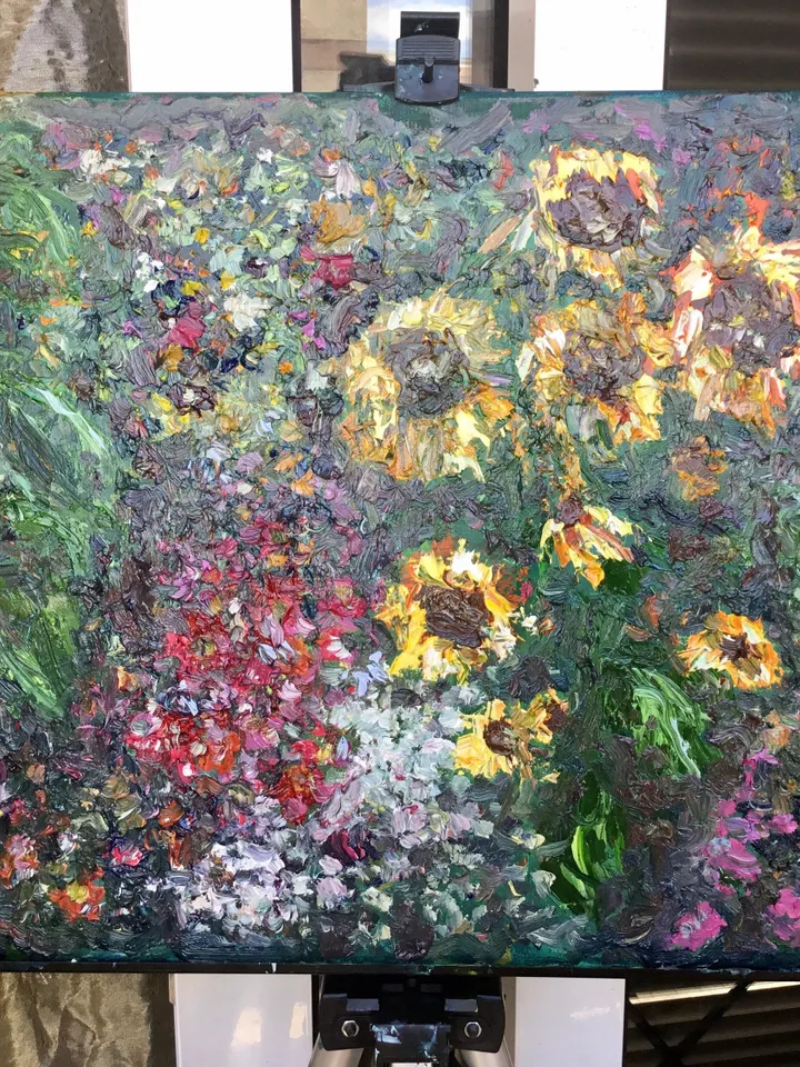 Colourful Sunflowers garden,original impasto oil painting on stretched canvas,flowers painting,impressionistic,wall hanging,one of a kind.