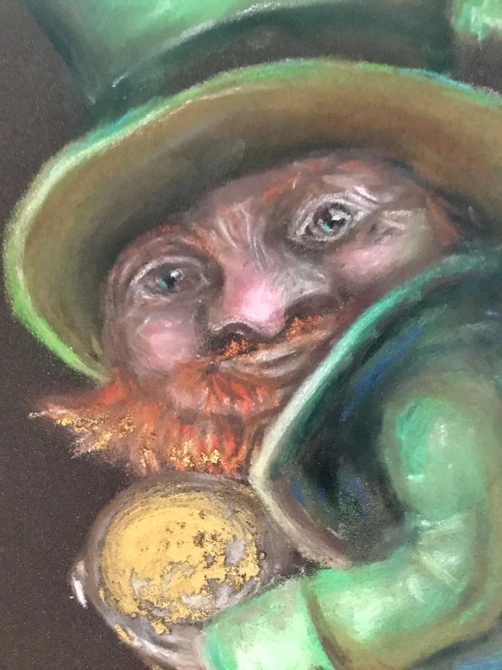 Funny leprechaun with a golden coin painting ,original soft pastel painting on specialized paper,,Irish leprechaun wall art,special gift.