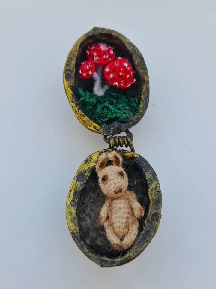 Miniature crochet rabbit in a nuthouse