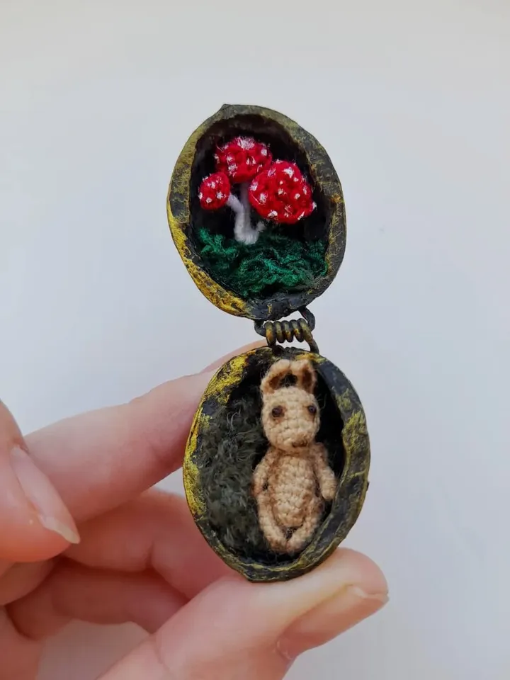 Miniature crochet rabbit in a nuthouse