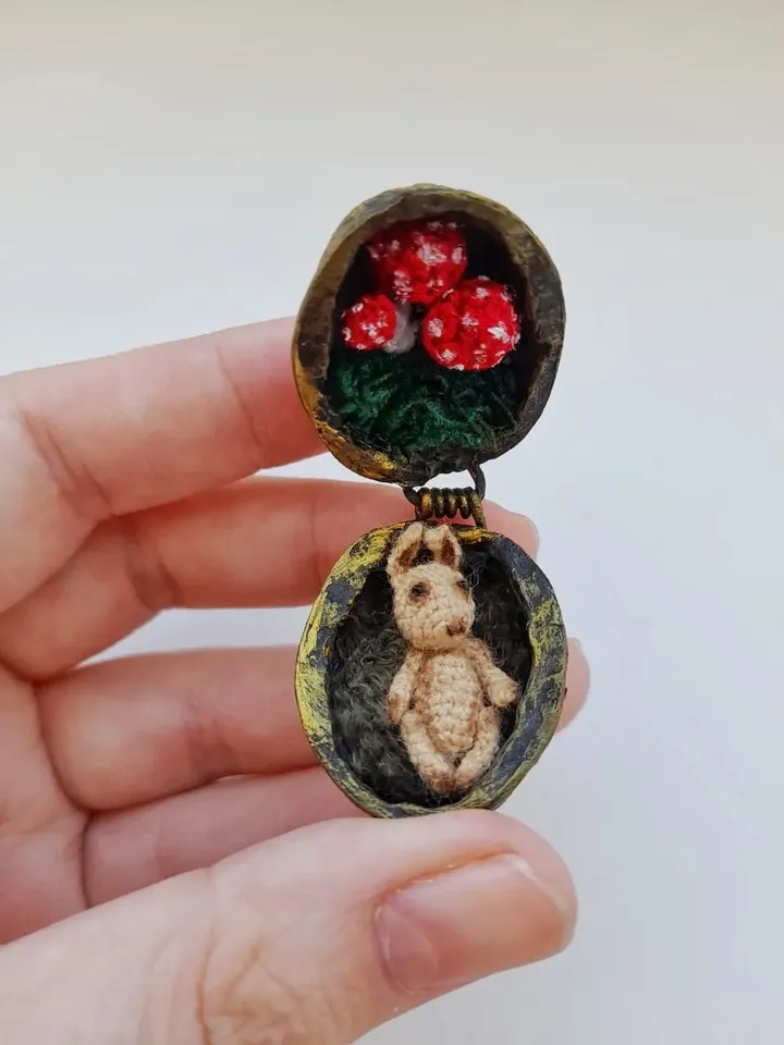 Miniature crochet rabbit in a nuthouse