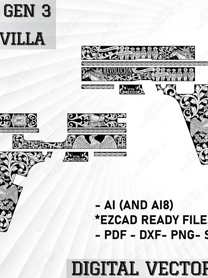 9mm Pistol SVG, Tactical Gun Vector, Laser Engraving Template, Pancho Villa Gun Art for Glock 19 Gen 3