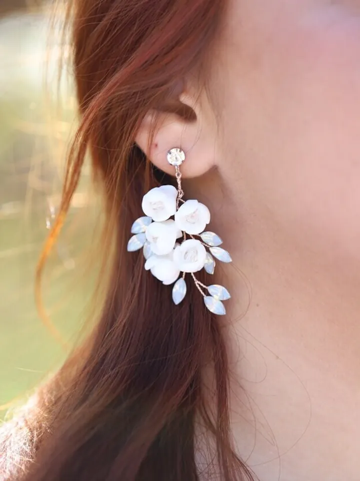 Opal Bridal Earrings, Delicate Porcelain Flower Wedding Earrings, Boho Wedding Earrings, Floral Wedding Earrings