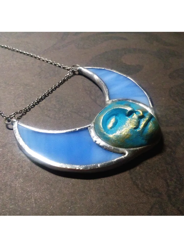 Stained glass blue moon, Moon Goddess, Moon phase necklace, Stainglass crescent, Full moon pendant, Moon face necklace