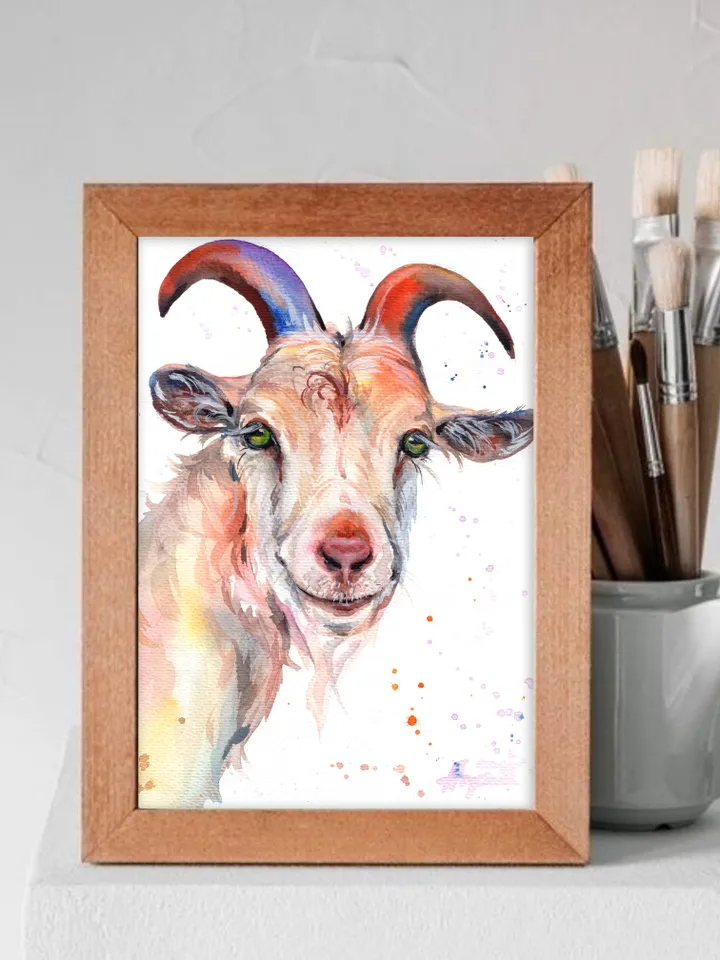 Goat original watercolor, animals painting, wall decor, 7x10 in art for animal lovers by Anne Gorywine