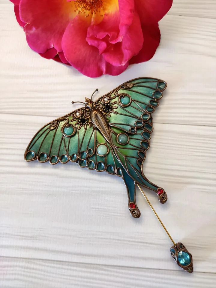 Brooch Moon Moth, turquoise butterfly, green butterfly, large butterfly, insect