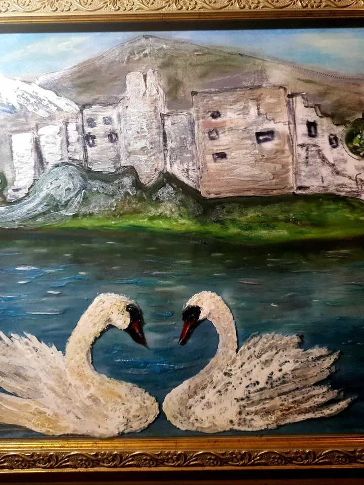 Swans on the lake,stained glass art,mix media art,painting on glass pastel painting,one of a kind.