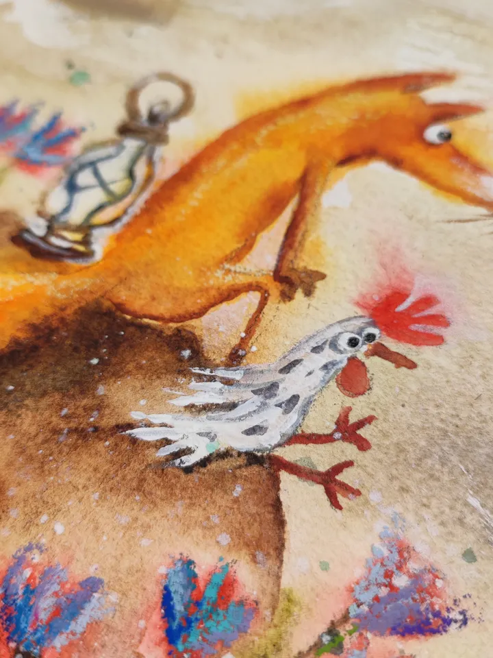 26×26cm Artwork by Julia Schigal "Fox and Chicken" - watercolor, gouache