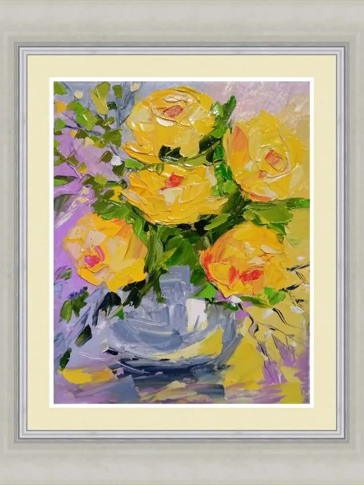 Roses Yellow Painting Original Art Impasto Oil Painting on Cardboard