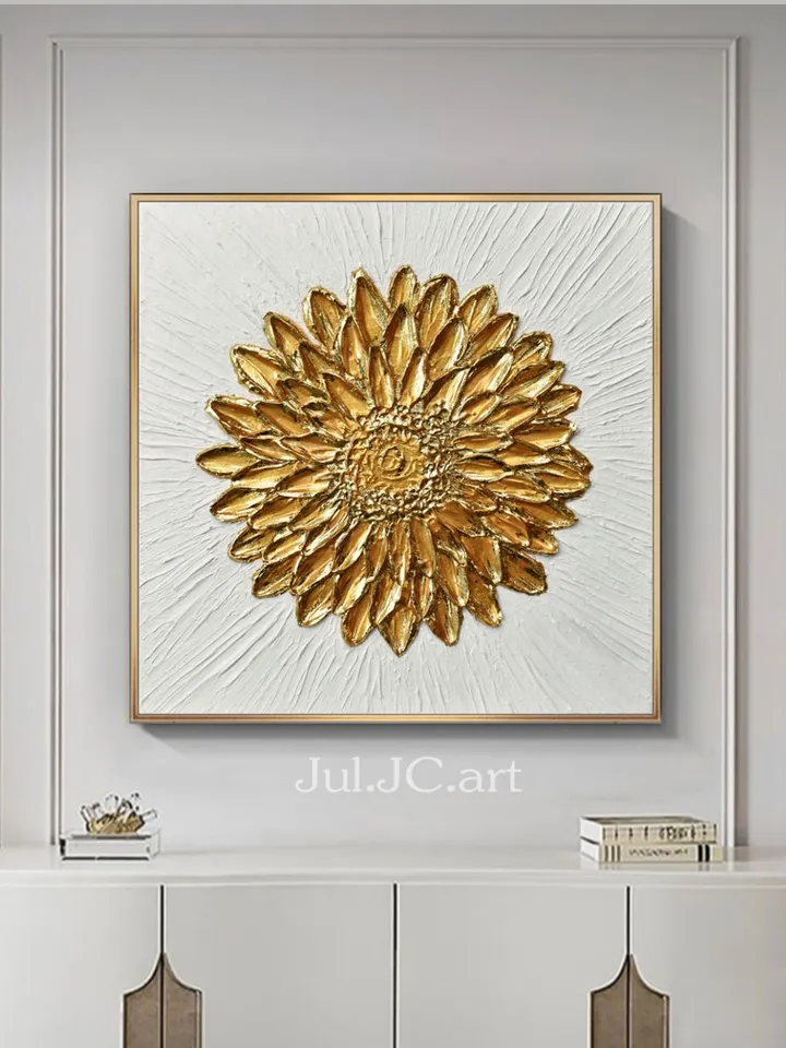 Golden Flower Abstract Wall Art Floral Original Painting Textured artwork Gold Leaf Wall Art Modern wall decor