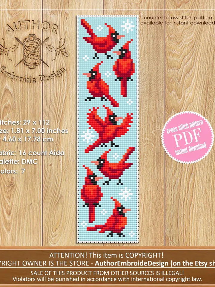 Christmas bookmark cross stitch pattern PDF download Red cardinal cross stitch chart, Bookmark pattern digital PDF, Bird cross stitch #N383