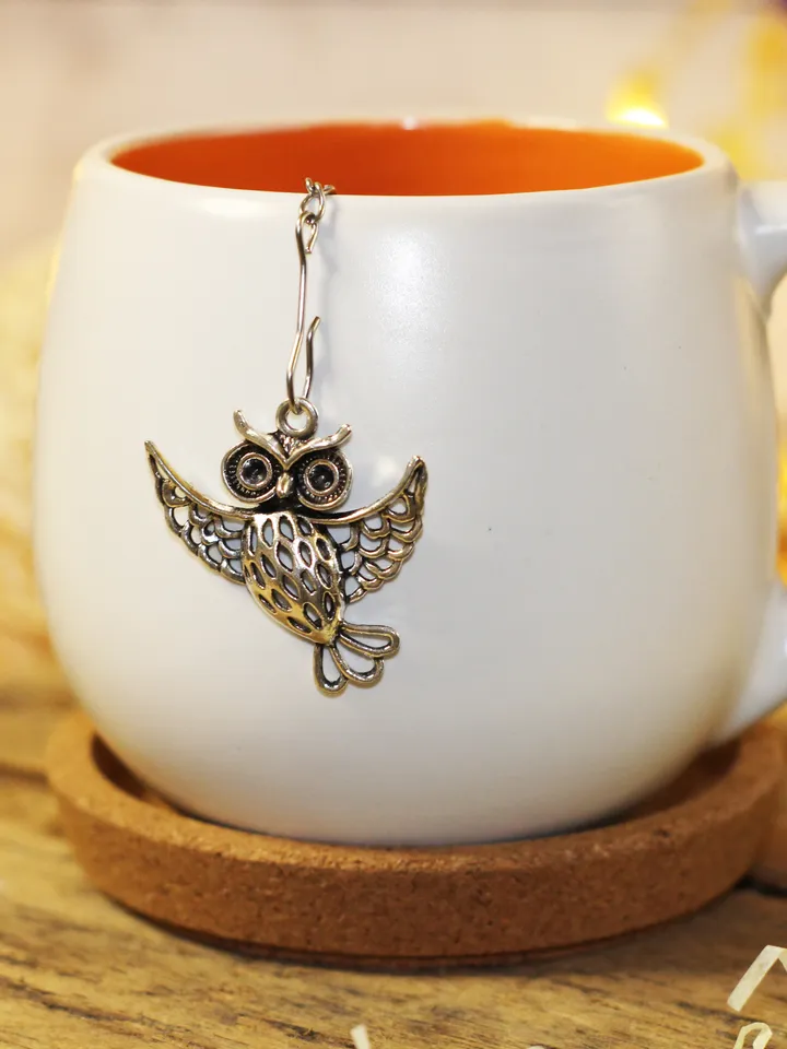 Owl tea infuser for loose leaf tea, Tea strainer with owl charm, Tea Steeper owl pendant, Herbal tea gift for owl lover