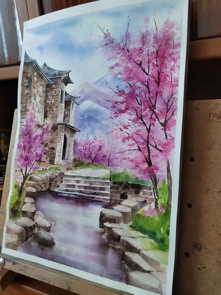 Cherry Blossom Artwork Original Watercolor Painting Japan in Watercolor 11.81x15.74 in by Art Café