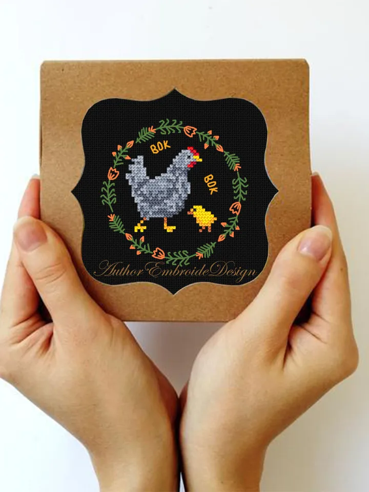 Floral Chicken cross stitch pattern PDF download Hen and Chick cross stitch chart, Small chicken pattern digital PDF, Chicken gift #K28