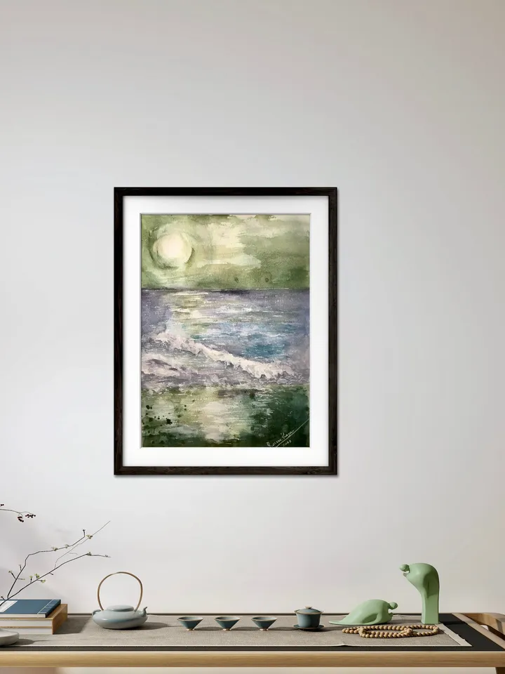 Green and pink sunset original watercolor painting,set of two fantasy wall decoration,landscapes,seascapes painting.