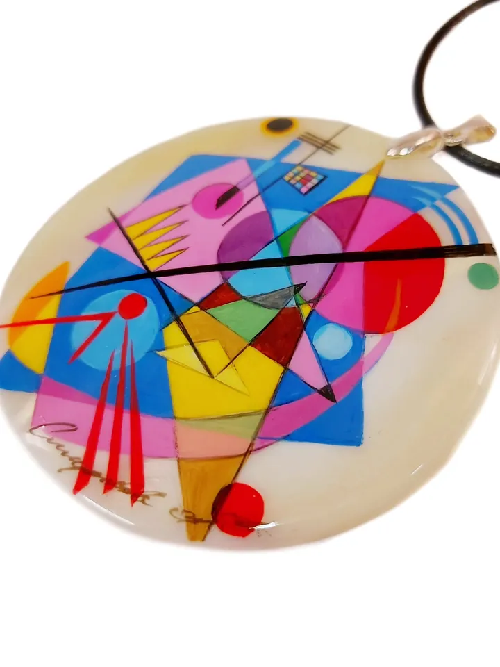 Mother-of-pearl Russian hand-painted necklace pendant. Jewelry. Abstraction. Kandinsky. Hand paint mother of pearl necklace.