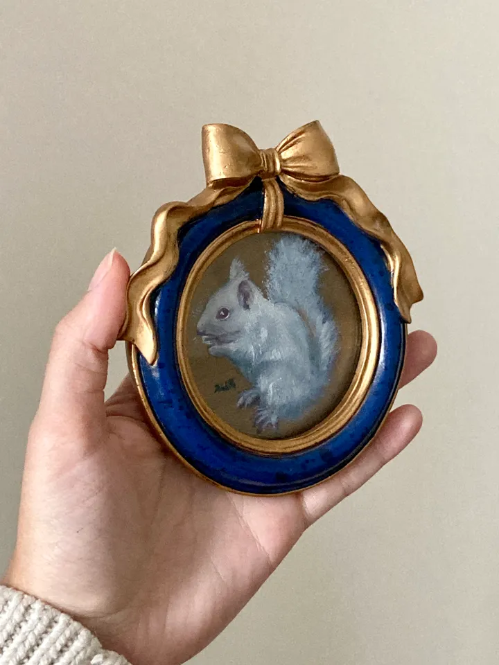 Framed Squirrel Oil Painting Original Albino Bird Art Dark Cottagecore Art Round Frame