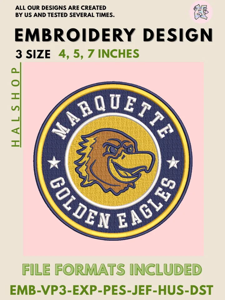 NCAA Marquette Golden Eagles Round Logo Embroidery, NCAA Marquette Golden Eagles Logo Embroidery Files, NCAA Teams, Machine Embroidery Designs, Digital Download