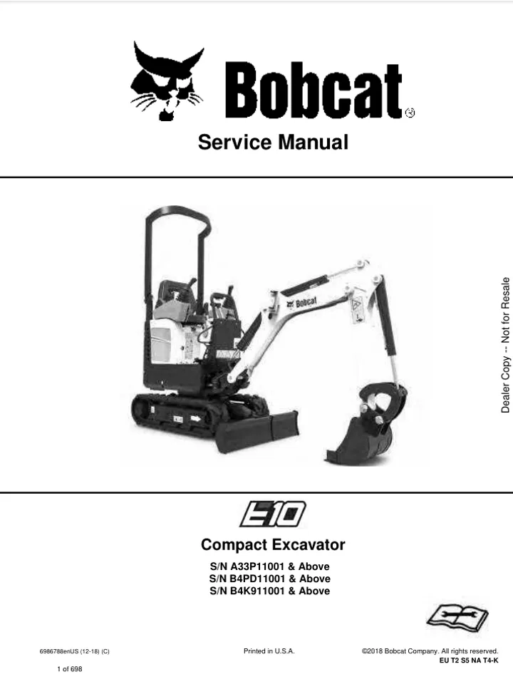 BOBCAT E10 EXCAVATOR SERVICE REPAIR SHOP MANUAL