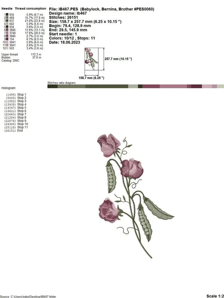 The set of designs in the technique of art embroidery "Sweet peas"