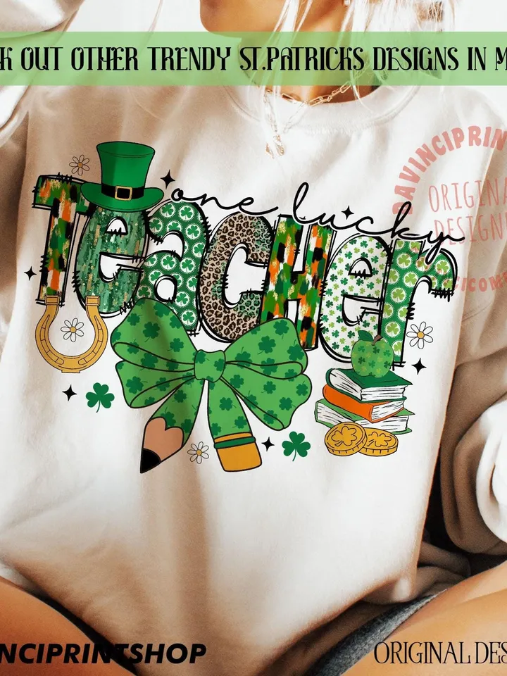 Teacher St Patrick Coquette Bow png, St Patricks Day png, Teacher png, Lucky Teacher png, Retro St Patricks png, Gift for Teacher, png files