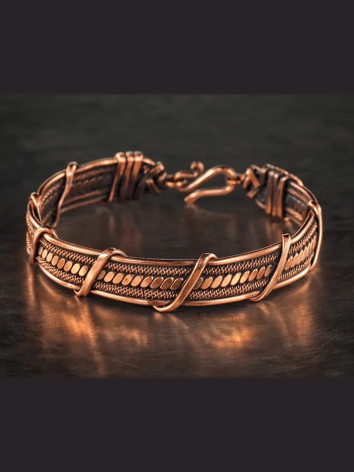 Wire wrapped bracelet, Unique 7th 22nd Anniversary gift idea, Art Nouveau antique style, One of kind braided statement bangle, Handmade oxidized pure copper jewelry, Pain relief, EMF protection