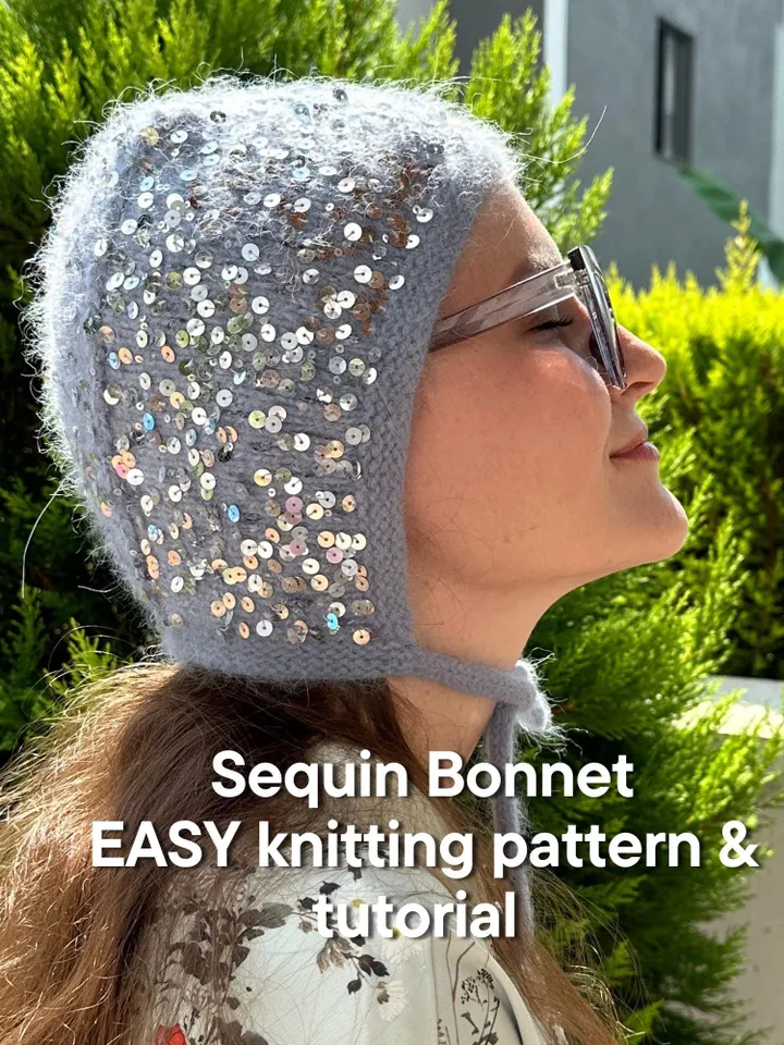 EASY knitted bonnet with sequin - pattern and tutorial with video PDF trendy