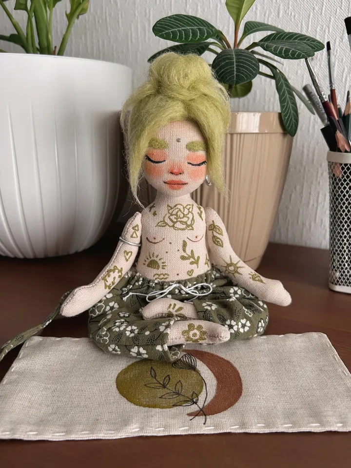 Textile doll yoga girl with green hair and tattoo