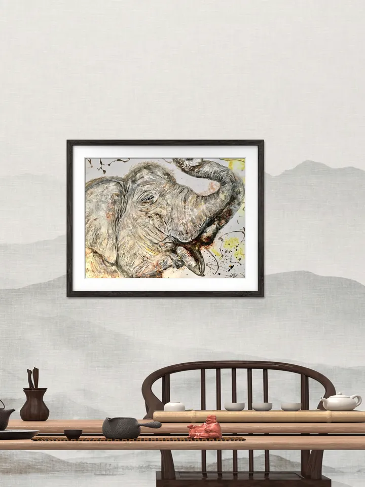 White Elephant Poster made with my original watercolour mix media painting on yupo paper,unique handmade artwork,home decoration.