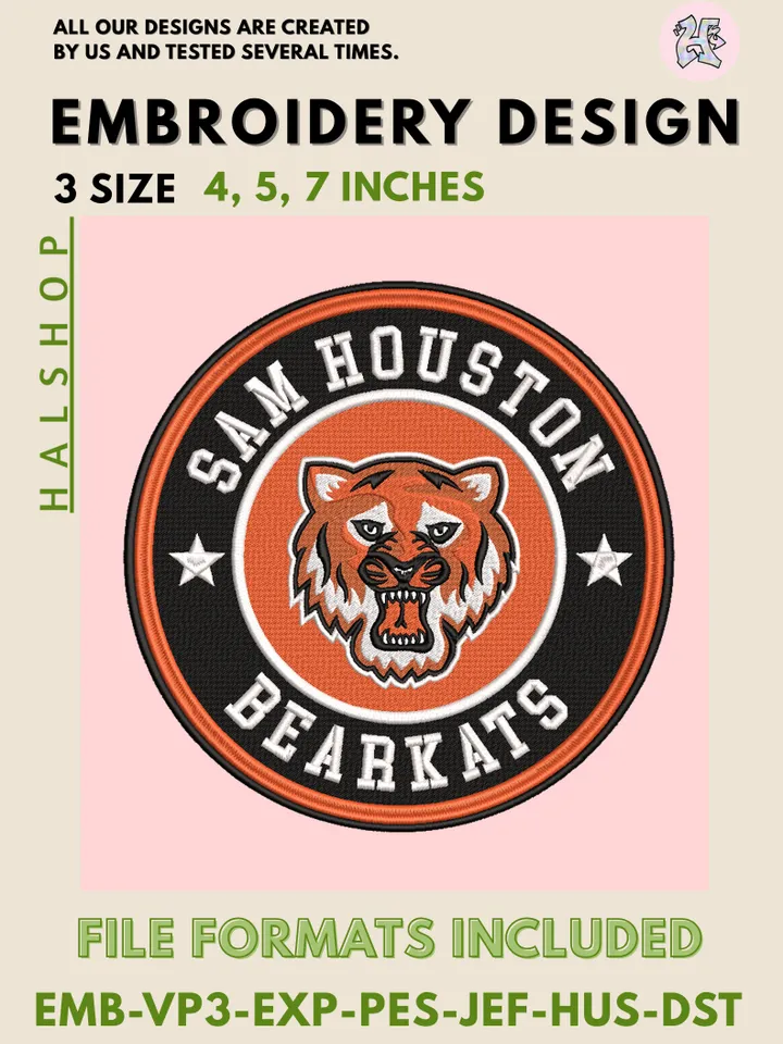 NCAA Sam Houston Bearkats College Logo Embroidery Design – Classic Team Pattern, 3 Sizes Machine Embroidery Files, Instant Digital Download