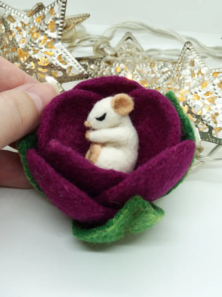Miniature needle felted mouse sleeping in a purple flower, baby mouse, white mouse, made to order
