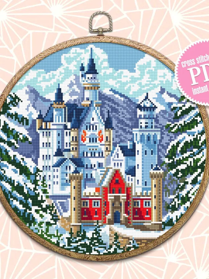 Winter landscape cross stitch pattern download PDF Neuschwanstein castle cross stitch chart, Nature embroidery digital, Snowy mountains #C3