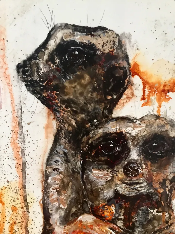 Couple of meerkats,original mix media painting on yupo paper,alcohol inks and watercolour painting,wall decoration,unique gift.