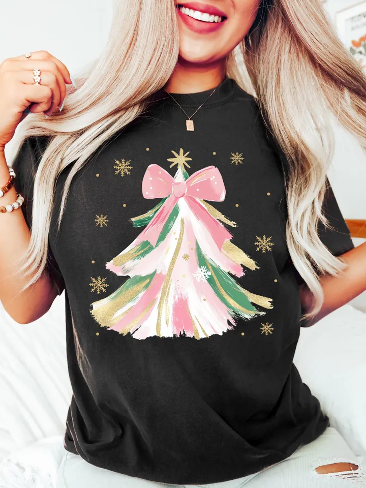 Coquette Glitter Christmas Tree Png, Watercolor Christmas Tree Girly, Merry Christmas Coquette Bow Tree Png, Christmas Lights Hand Drawn